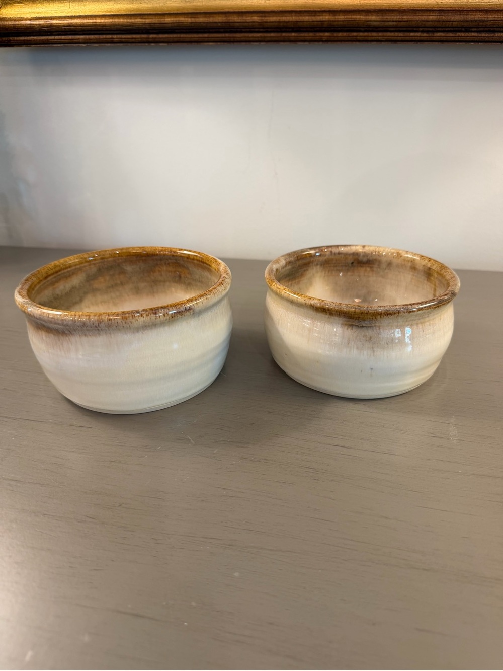 Hand Thrown Studio Pottery Bowls Glazed Signed Set Of 2 Trinket Cream Tan Brown